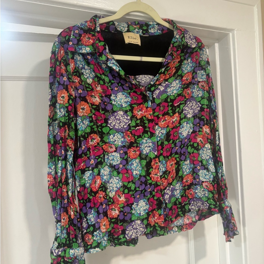 Elie Tahari Pink and Black Graphic Blouse with Notched Collar